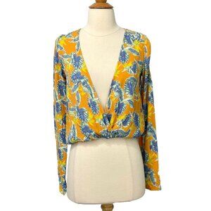 For Love & Lemons Faux Wrap Blouse Rayon V-Neck Long Slv Tropical Birds Size XS